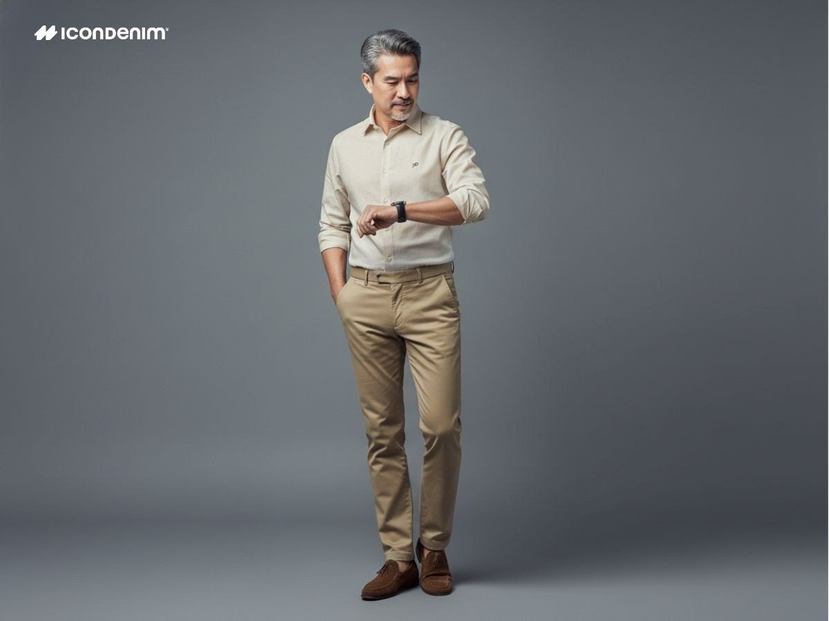 Bố mặc sơ mi linen với quần kaki be và loafer da lộn