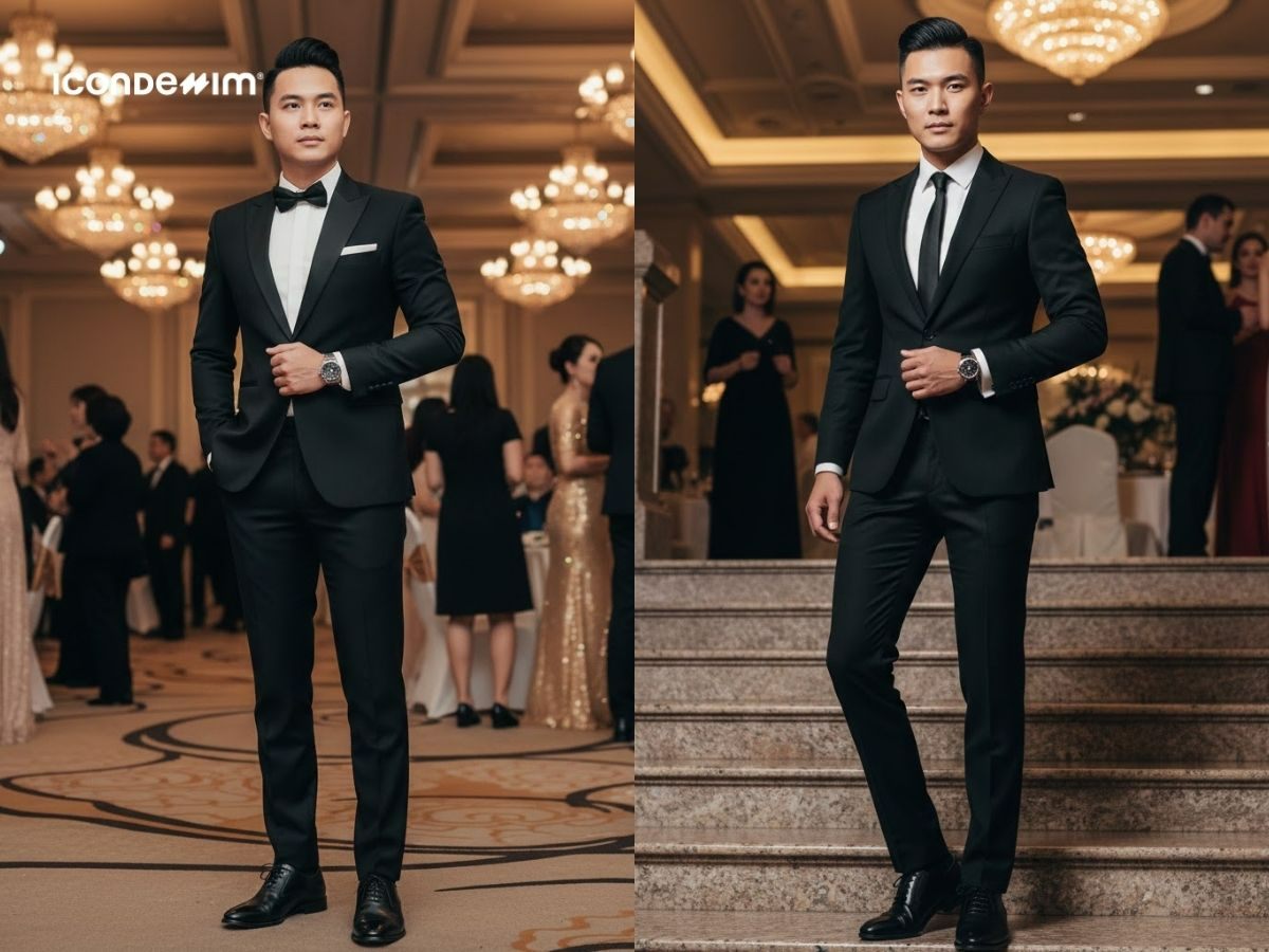 Suit đen với sơ mi trắng cho buổi tiệc tất niên trang trọng