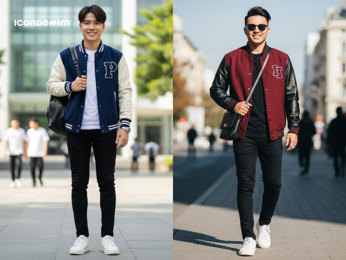 Năng động với Varsity và quần jeans đen