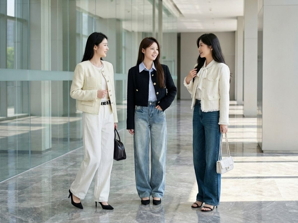 Sơ mi sơ vin cùng jean ống rộng tạo vẻ thanh lịch, hack dáng