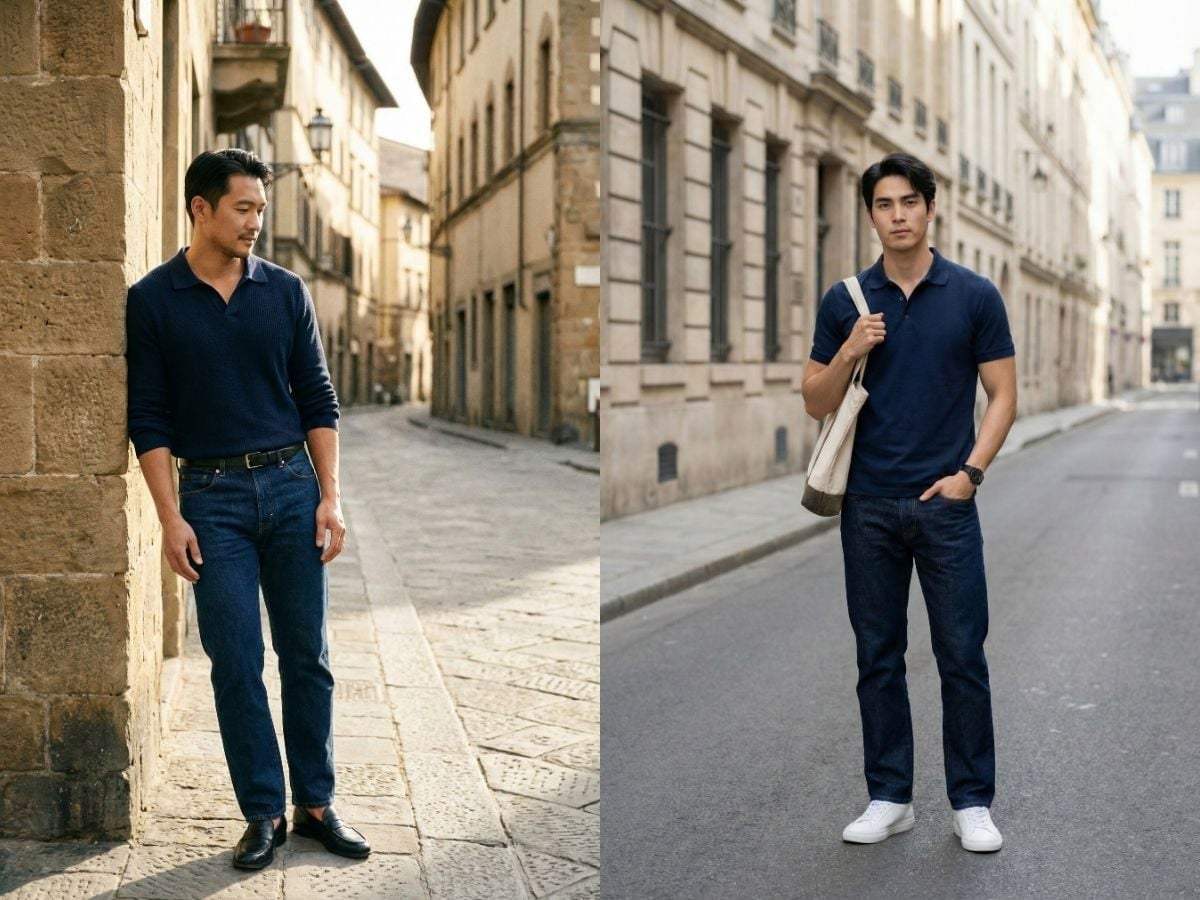 Jeans xanh đậm với áo polo navy tone sur tone