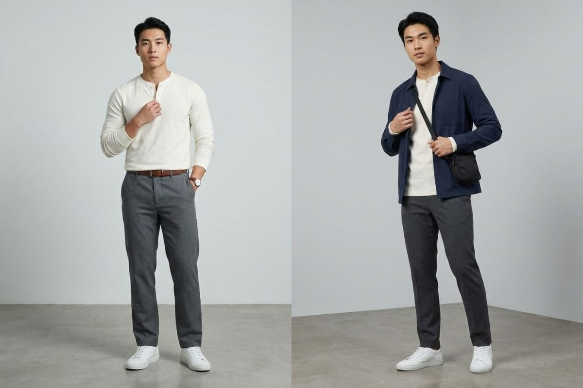 Áo henley dài tay và quần tây ống đứng mềm
