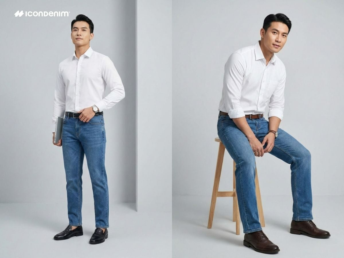 Quần jeans ống rộng áo sơ mi trắng