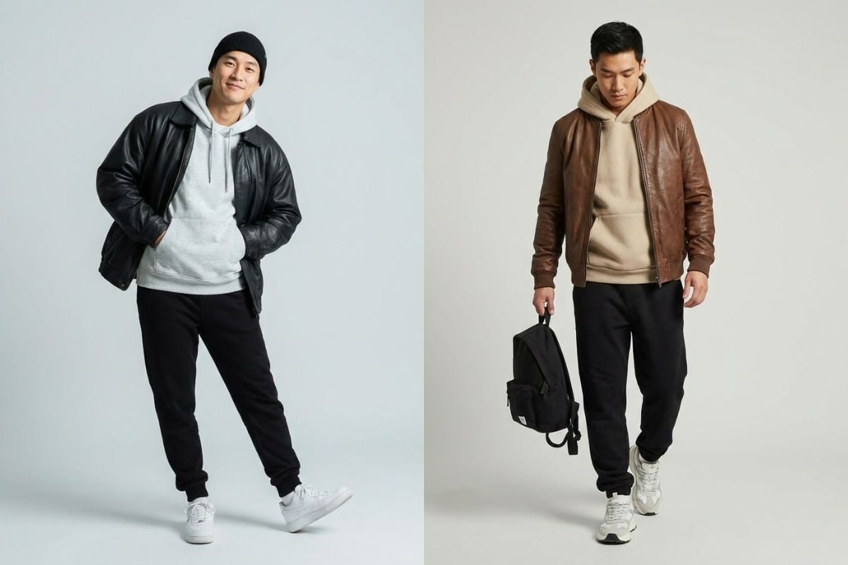Áo khoác da phối áo hoodie, jogger