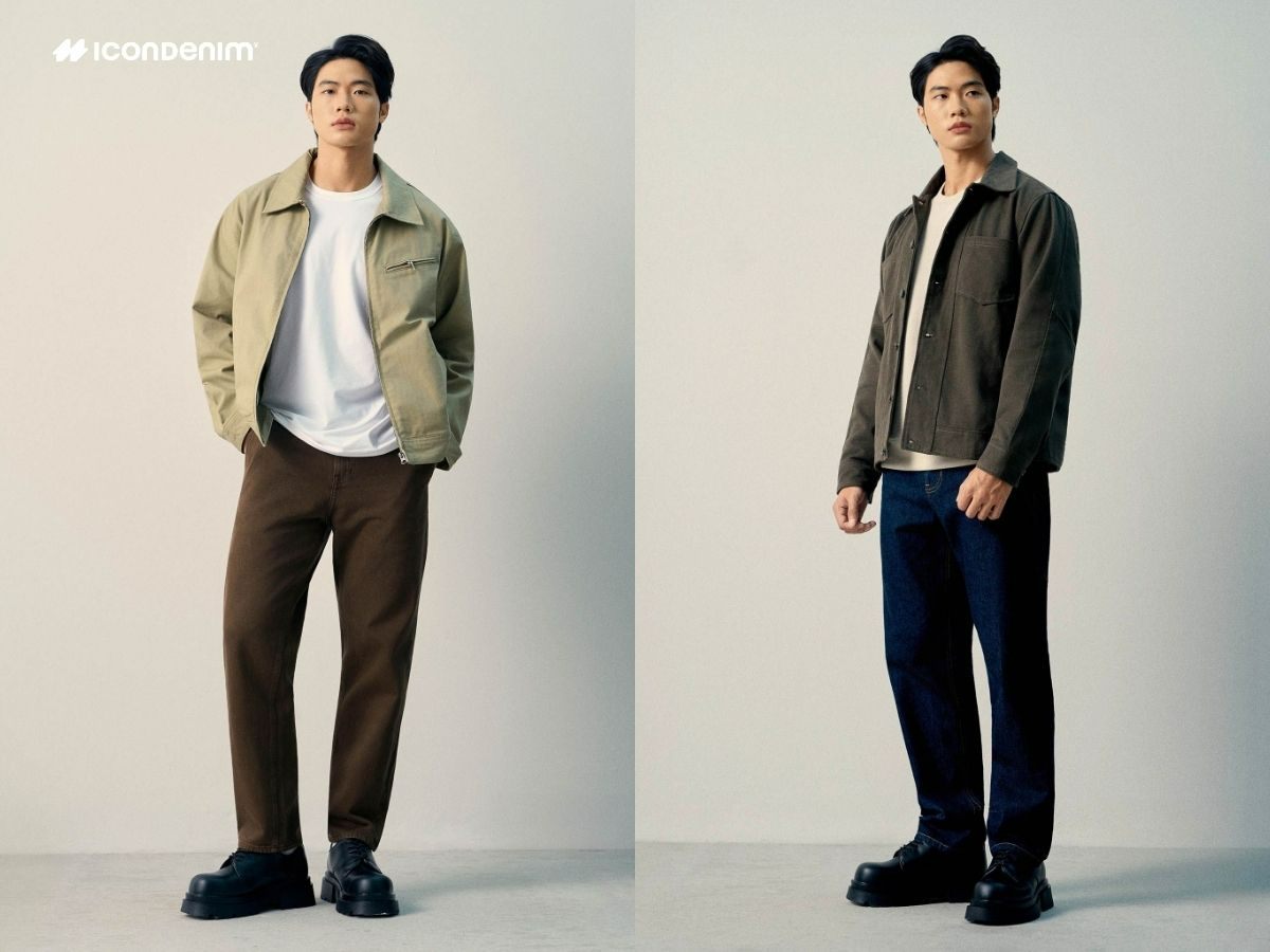 Áo khoác kaki phối quần jeans ống rộng