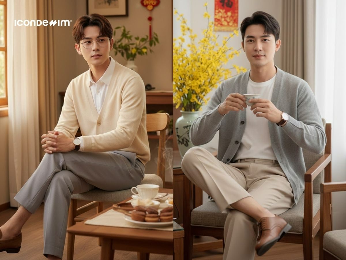 Thư sinh, nho nhã với áo cardigan len và quần tây