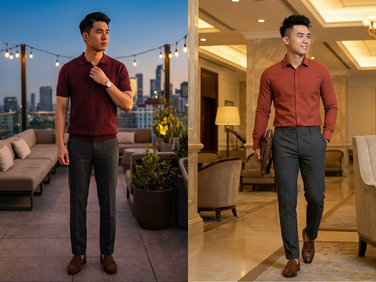 Dự tiệc sang trọng với áo polo dệt kim phối cùng quần tây xám