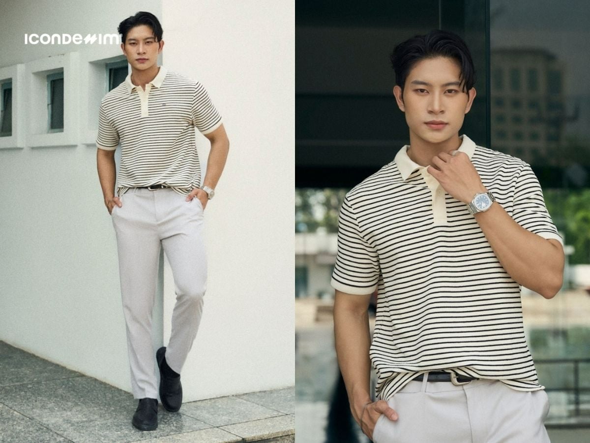 Nhẹ nhàng, dễ phối cùng áo polo sọc đen - kem và quần tây ống ôm