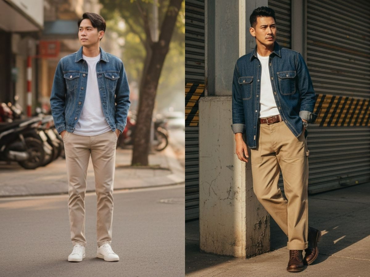 Nam giới diện áo khoác denim cùng áo thun và quần chinos