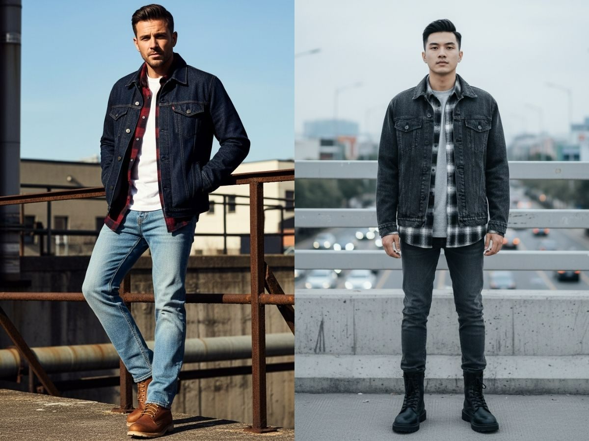 Phối áo khoác denim và áo sơ mi flannel