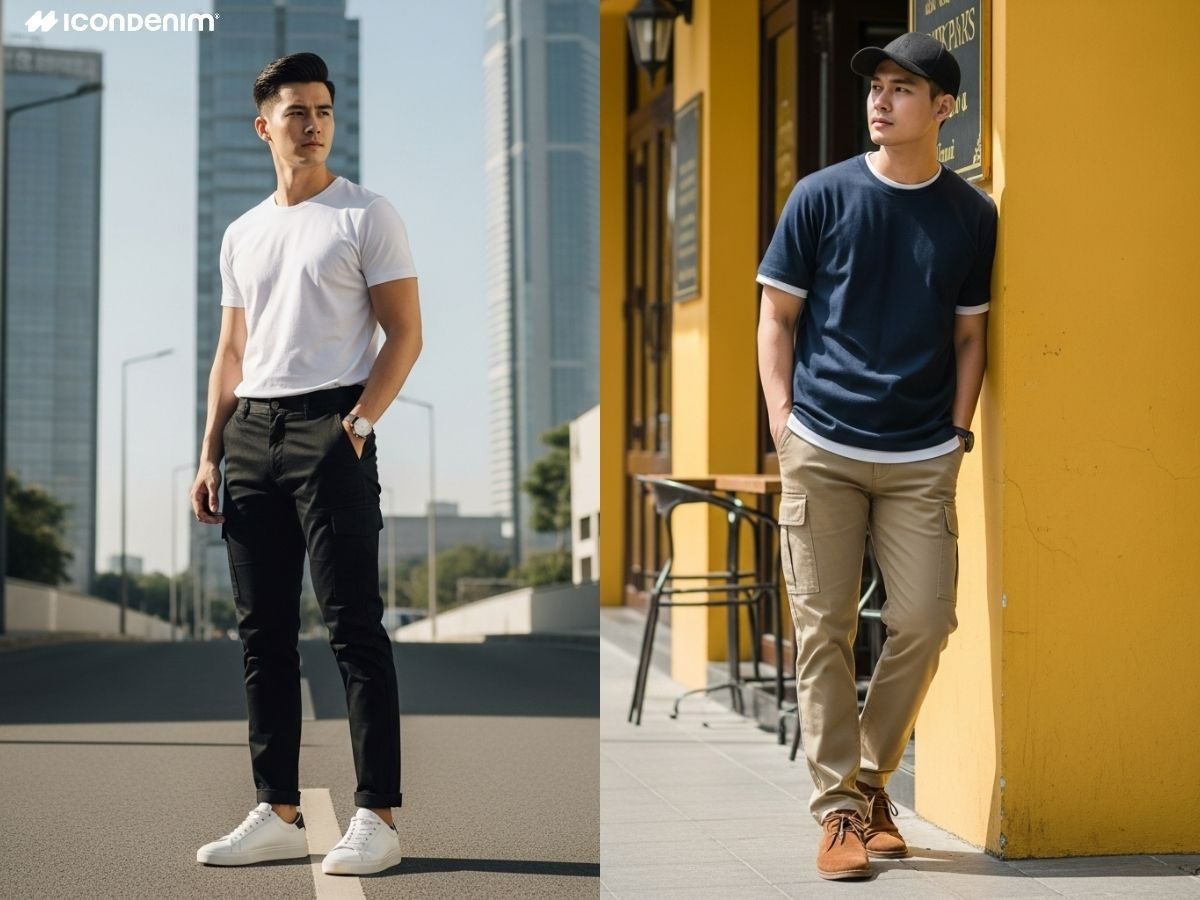 Phối đồ basic với quần cargo và áo thun