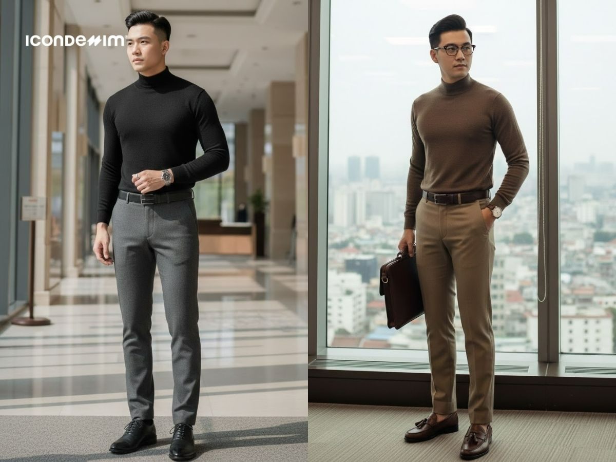 Áo len cổ lọ với quần âu toát lên vẻ ngoài lịch lãm