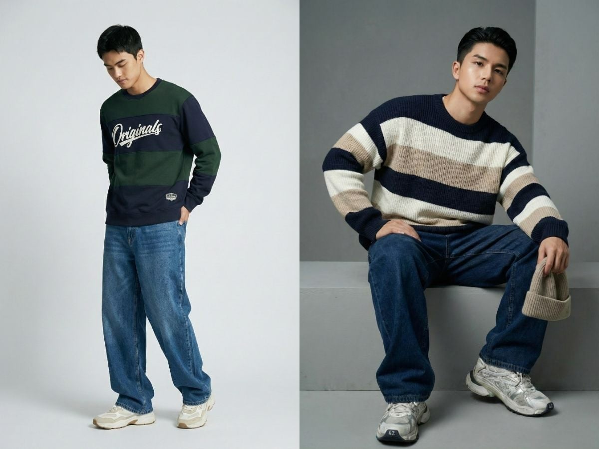 Quần jean ống rộng với sweater họa tiết và sneaker đế dày