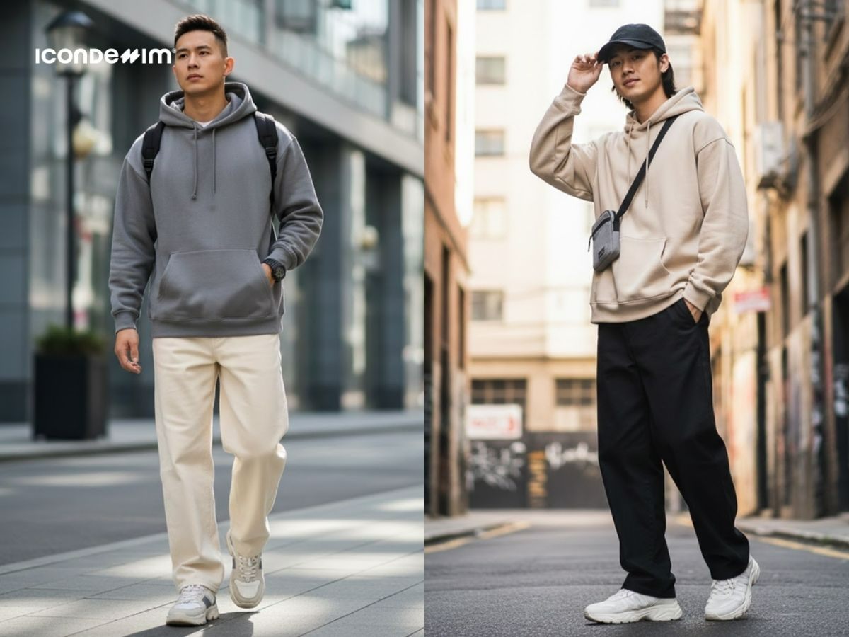 Áo hoodie oversize năng động, che khuyết điểm với quần ống rộng