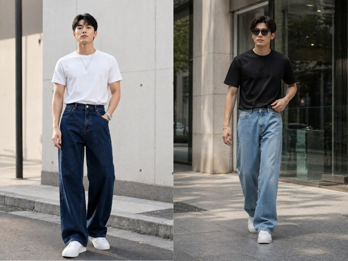 Phối quần jeans ống rộng với áo thun trơn cho nam lùn
