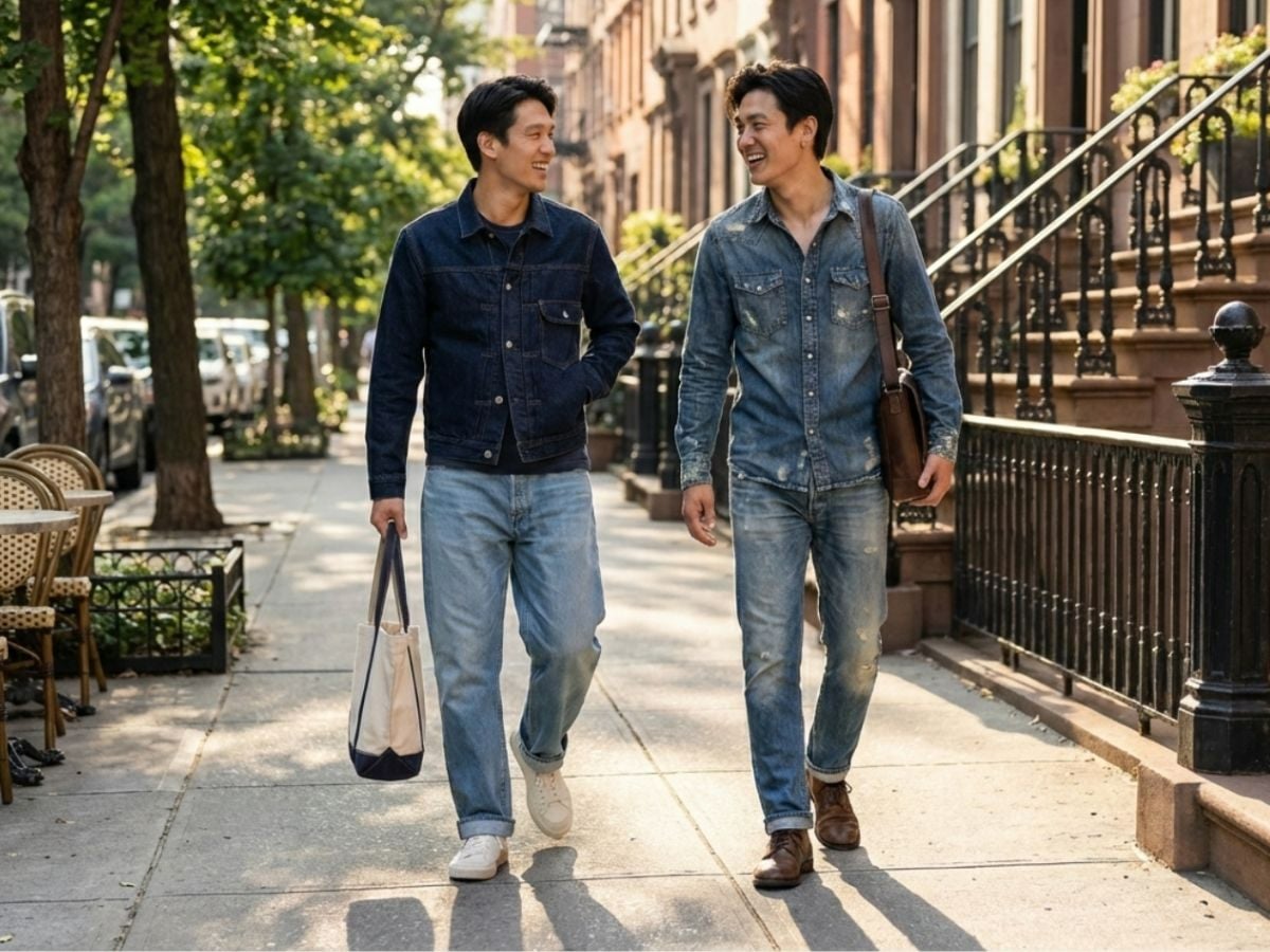 Quần jean ống suông phối denim-on-denim cá tính