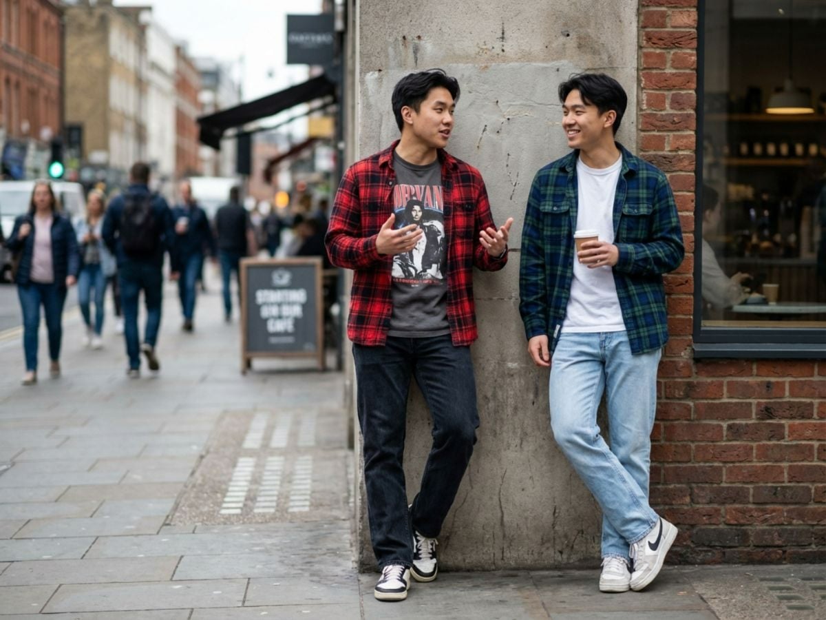 Quần jean ống suông phối flannel phong cách bụi bặm