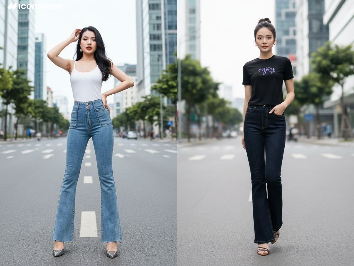 Outfit casual năng động với áo thun và quần jeans ống loe