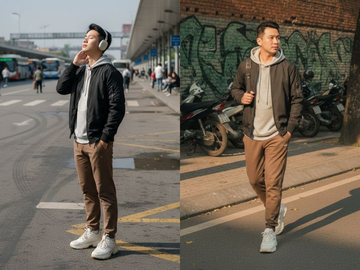 Phối đồ nam với hoodie xám, khoác bomber đen, quần jogger và sneaker trắng