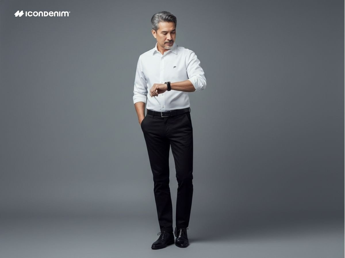 Bố diện áo polo màu be phối quần kaki xám và giày loafer