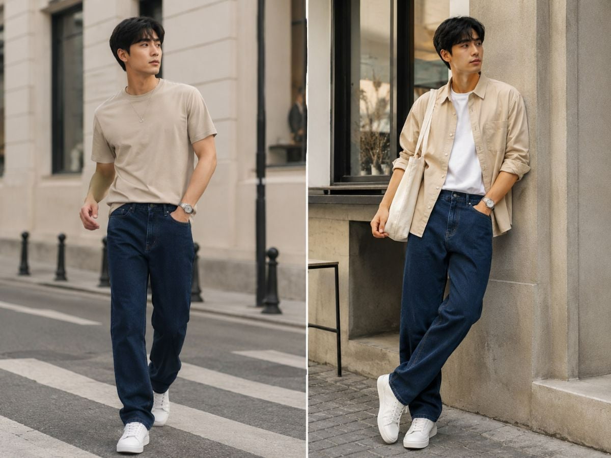 Denim giúp outfit màu be trẻ trung và tự nhiên