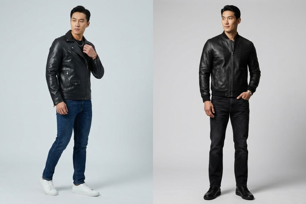 Áo khoác da phối với quần jean nam