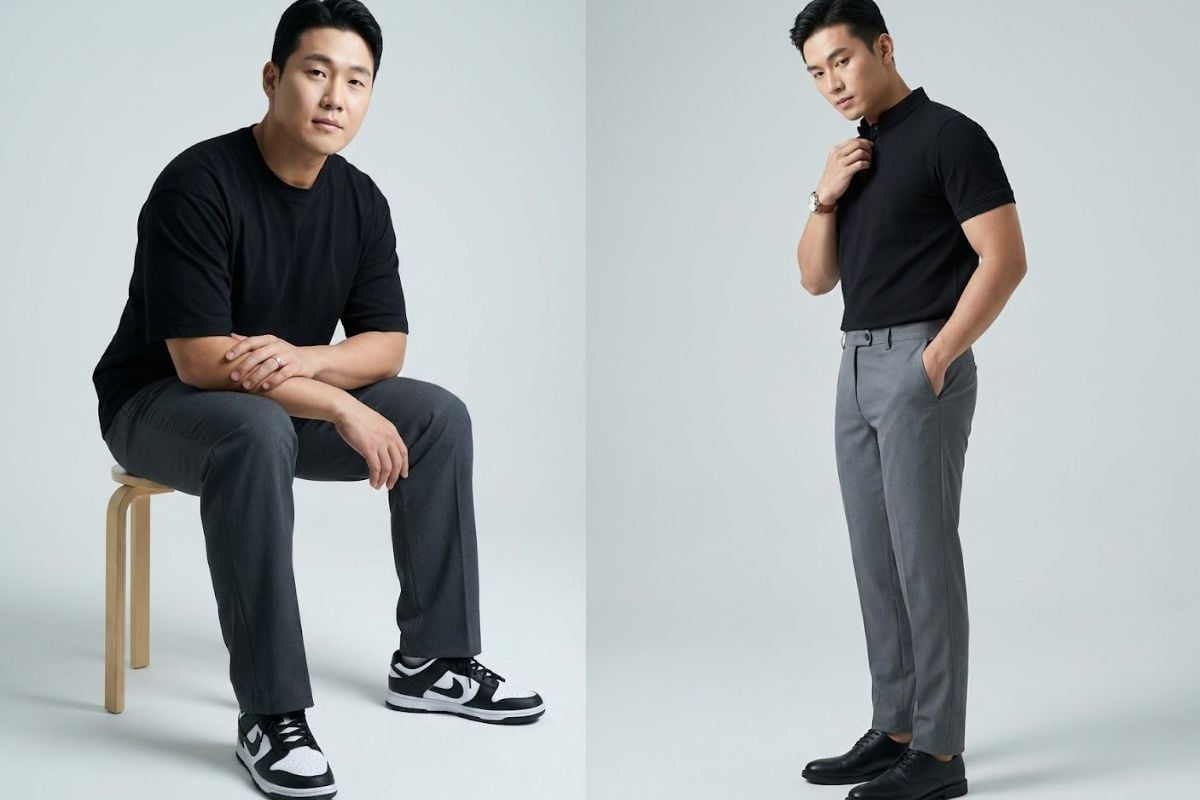 Phối áo đen với quần tây xám