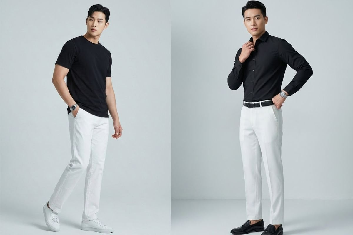 Phối áo đen với quần trắng