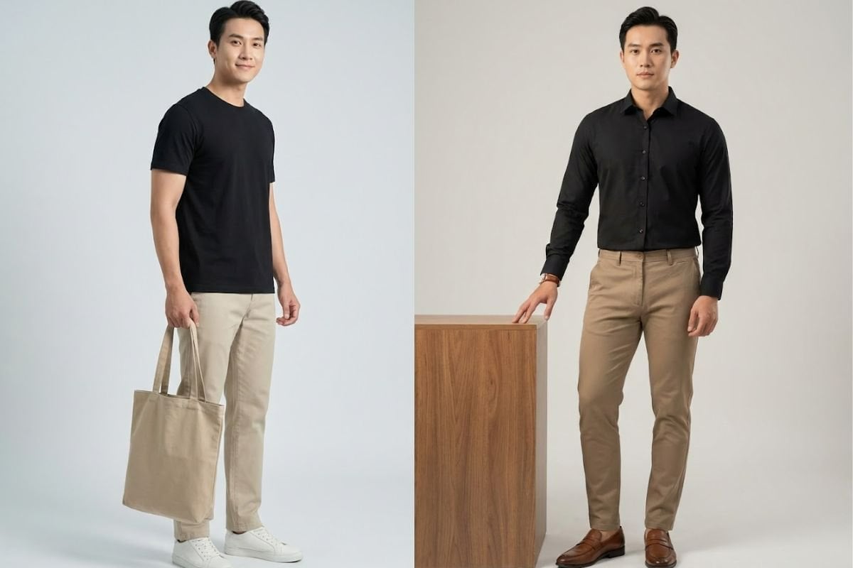 Phối áo đen với quần be