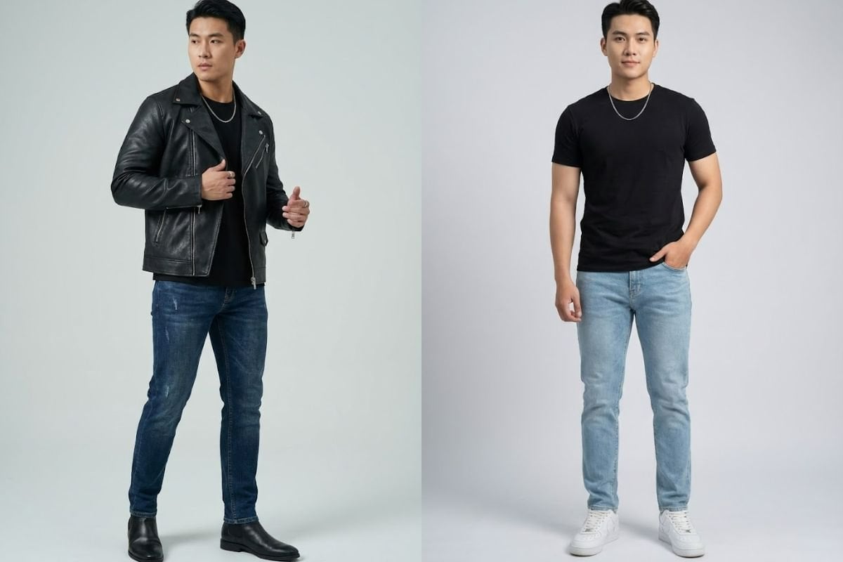 Phối áo đen với quần jeans xanh