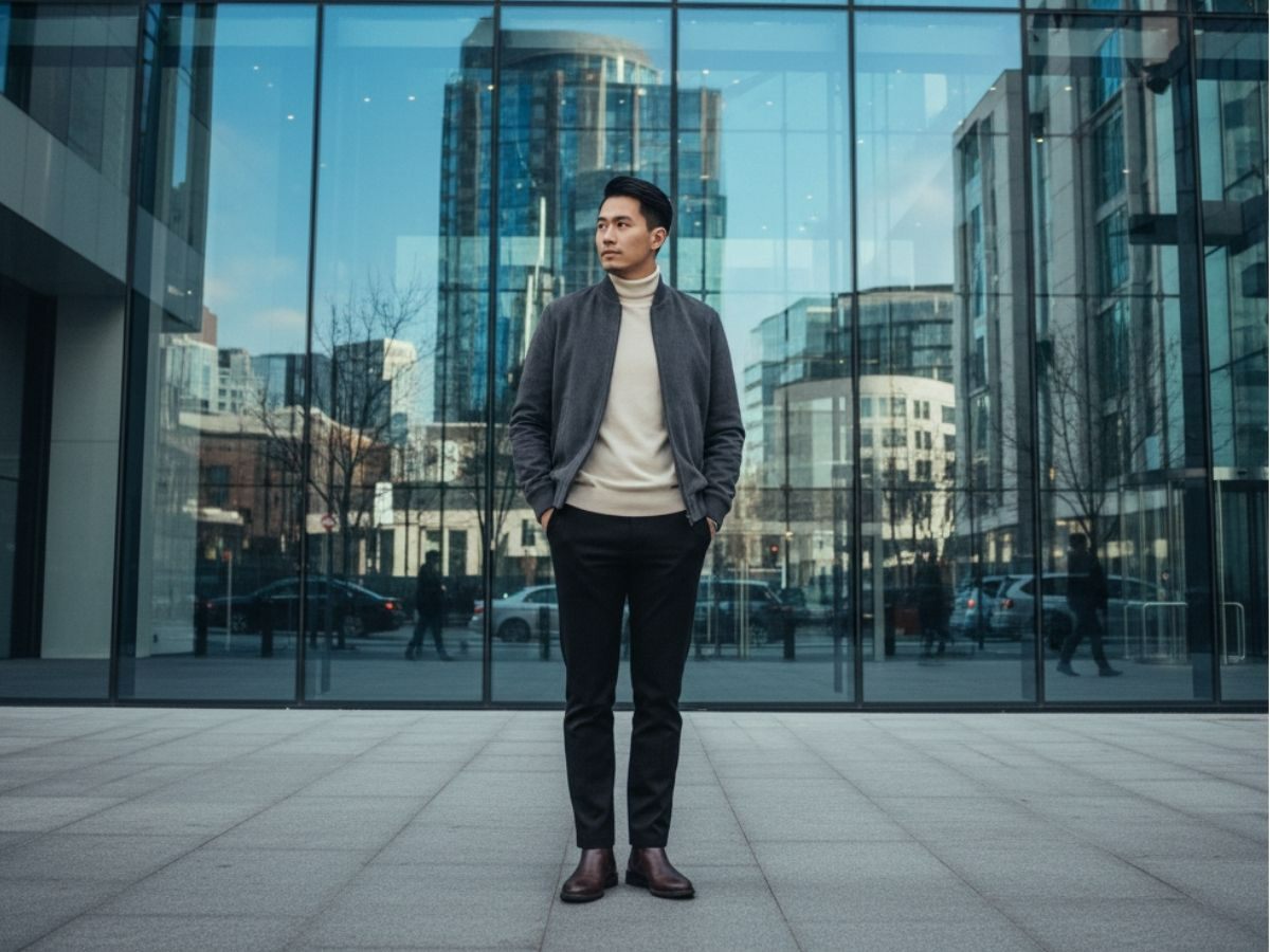 Nam mặc bomber suede nâu, áo cổ lọ đen, quần len xám và Chelsea boots