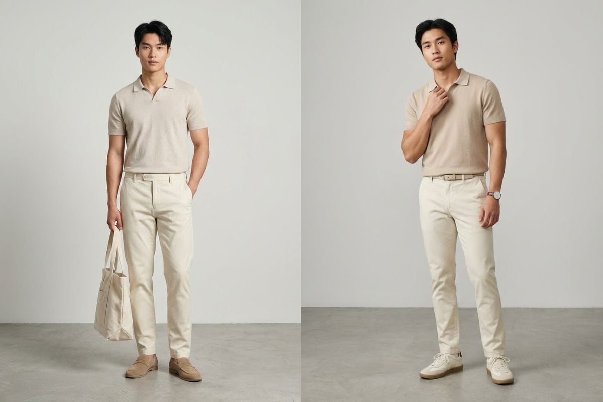 Phối áo polo dệt kim và quần chinos
