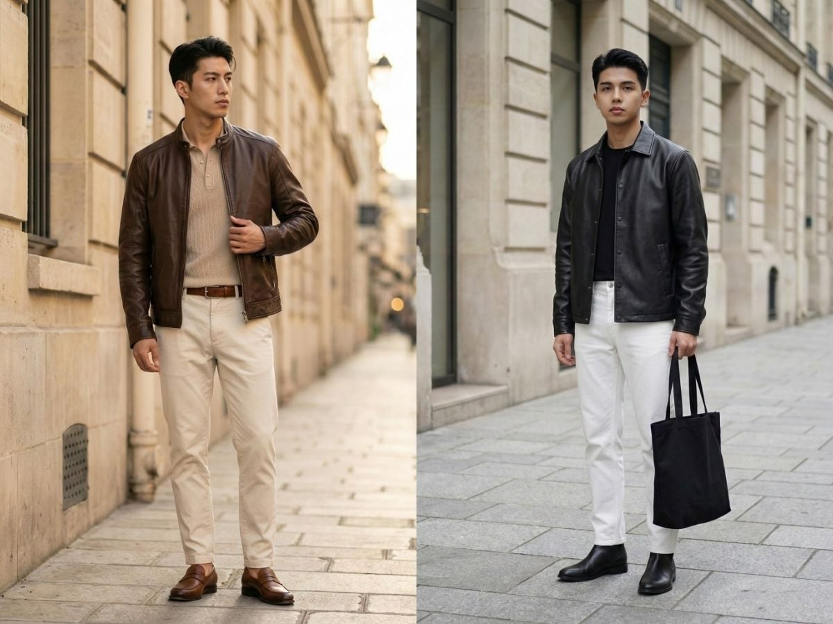 Phối đồ áo khoác da quần kaki