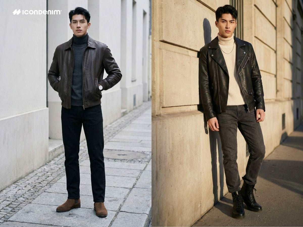 Outfit mùa đông với áo khoác da