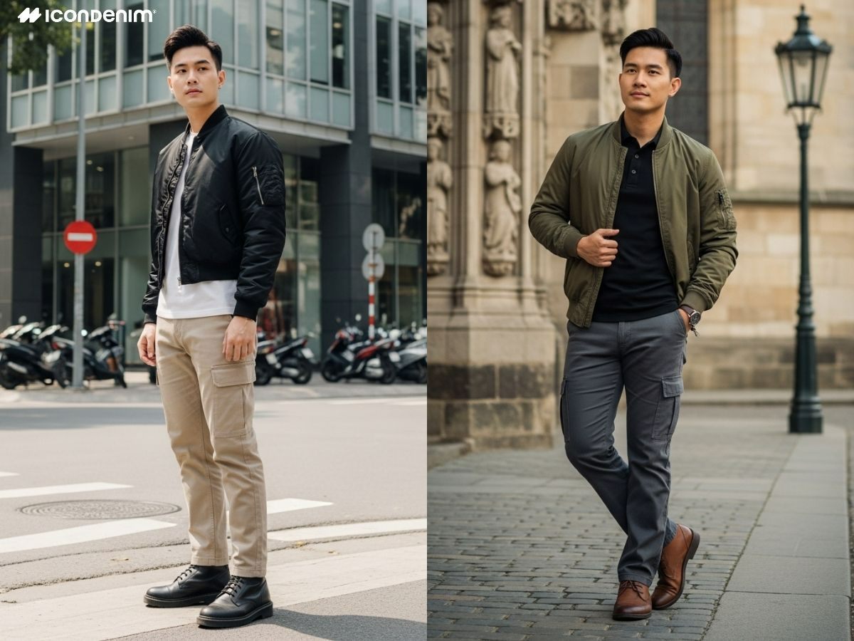 Phối đồ quần cargo và áo khoác bomber