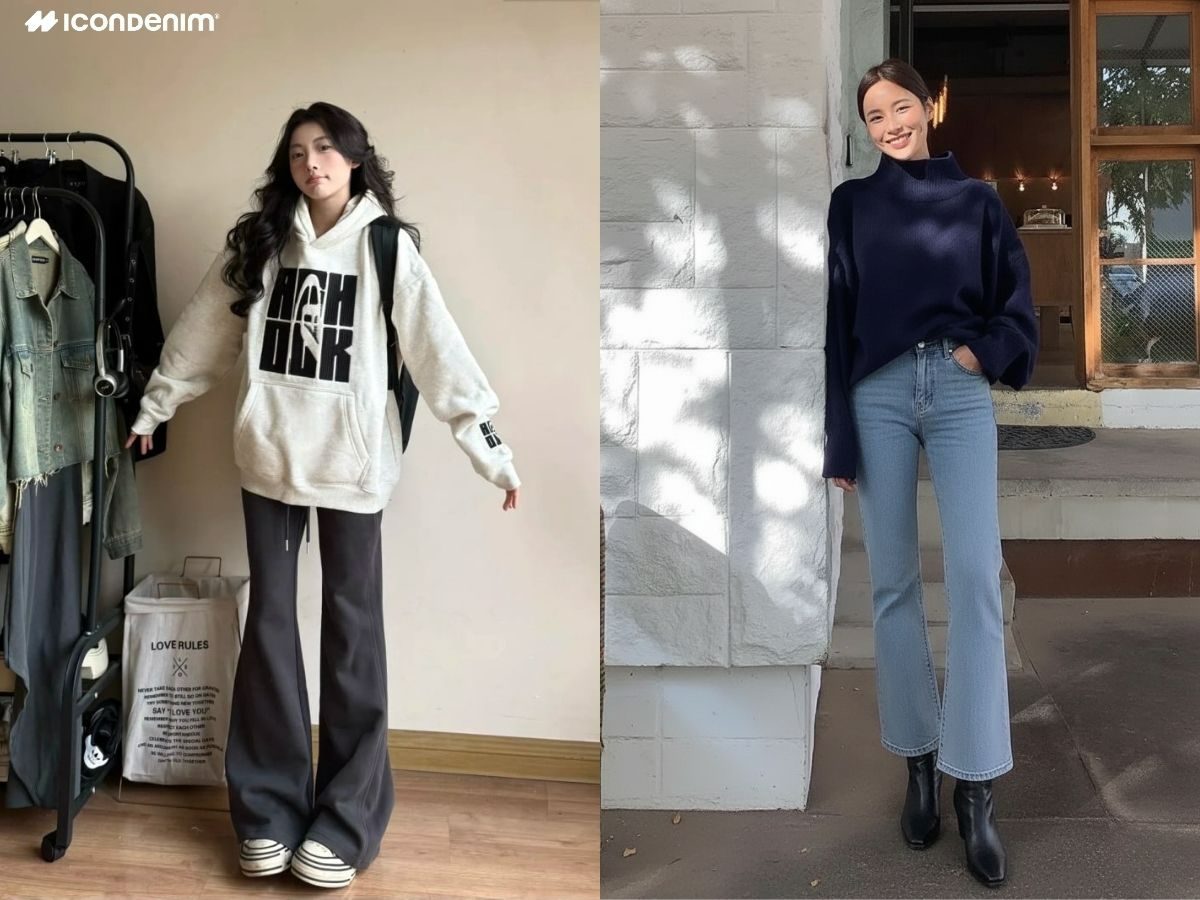 Phối hoodie oversize với quần bò loe