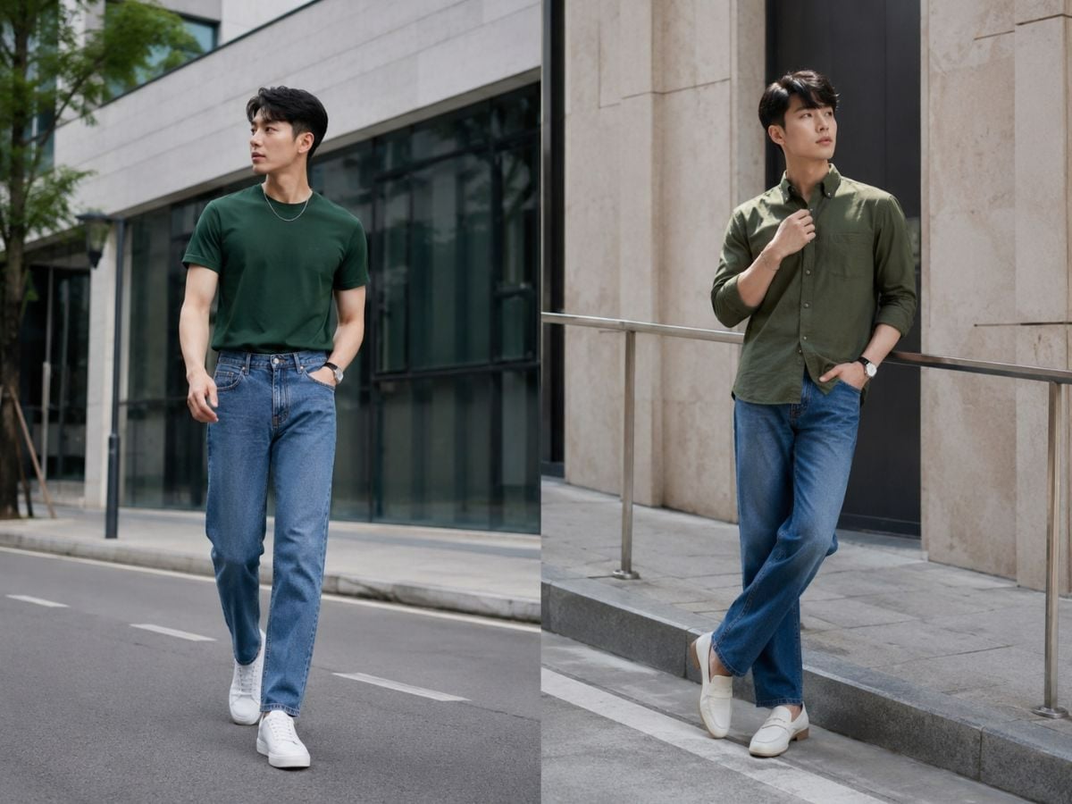 Phối màu xanh lá cùng xanh denim