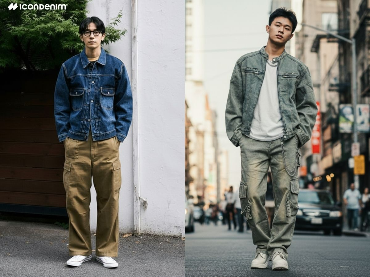 Phối quần cargo và áo khoác denim