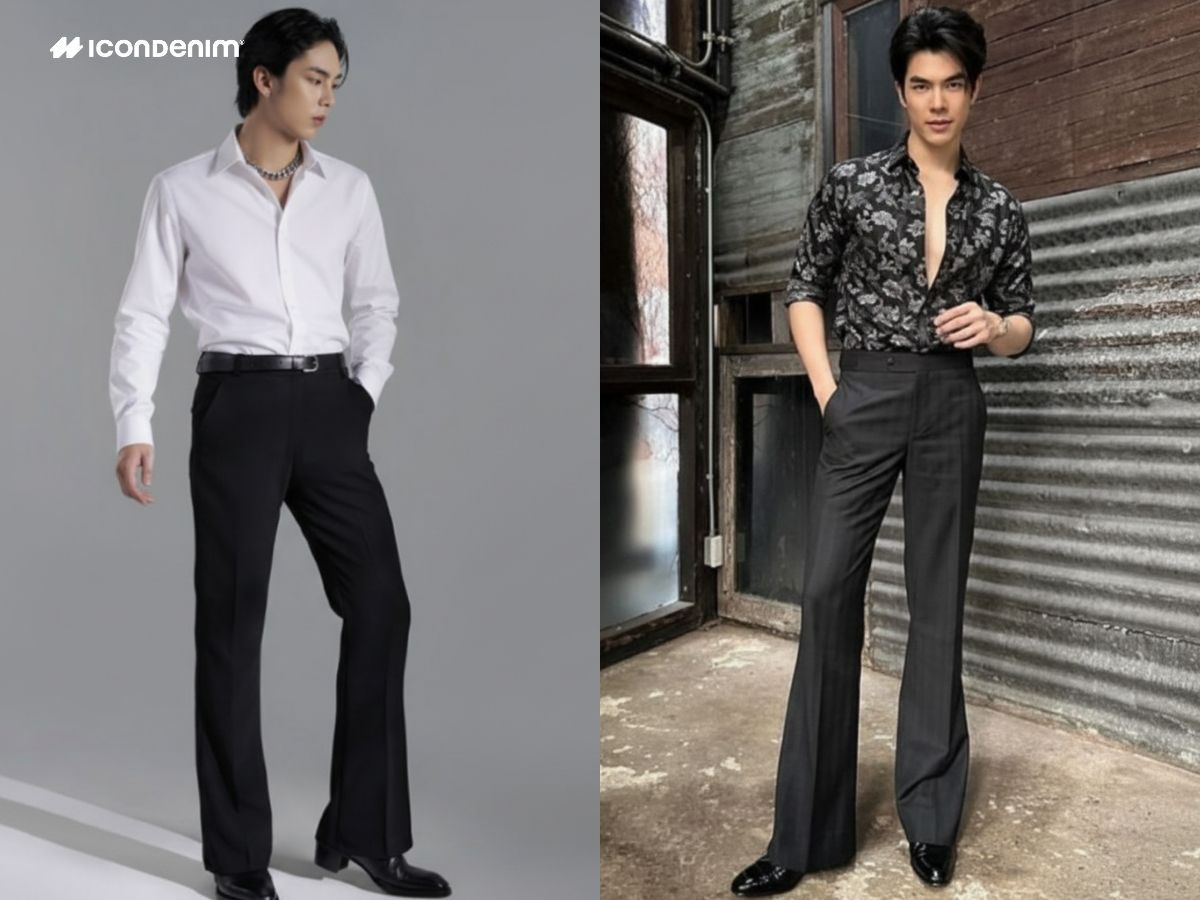 Phối quần ống loe đen và áo sơ mi