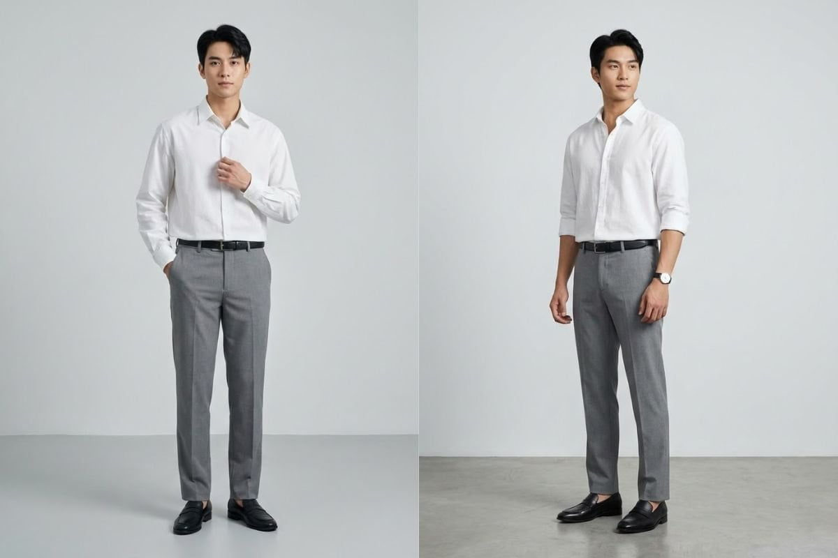 Phối áo sơ&nbsp;mi trắng phom relaxed và quần tây xám ống đứng