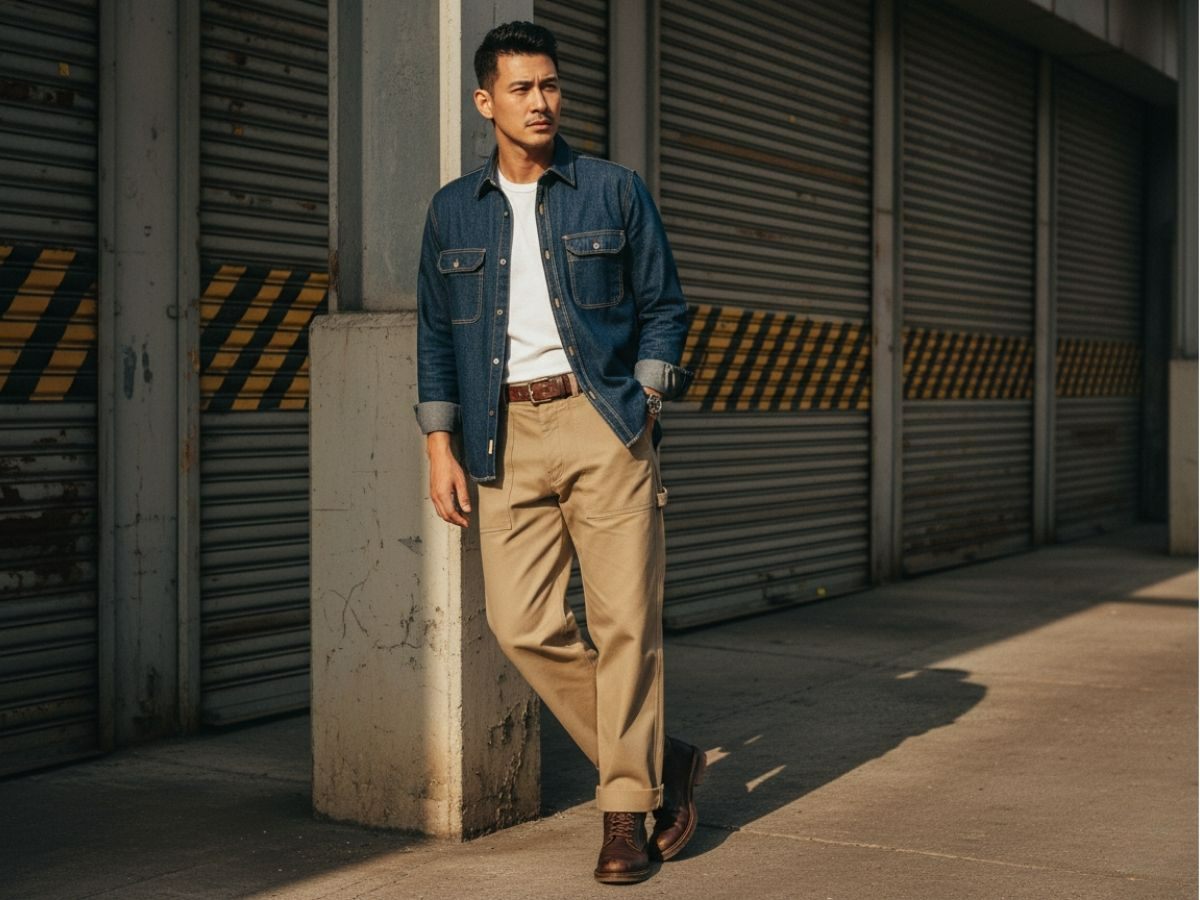 Áo sơ mi dày phối quần kaki ống rộng Workwear hiện đại