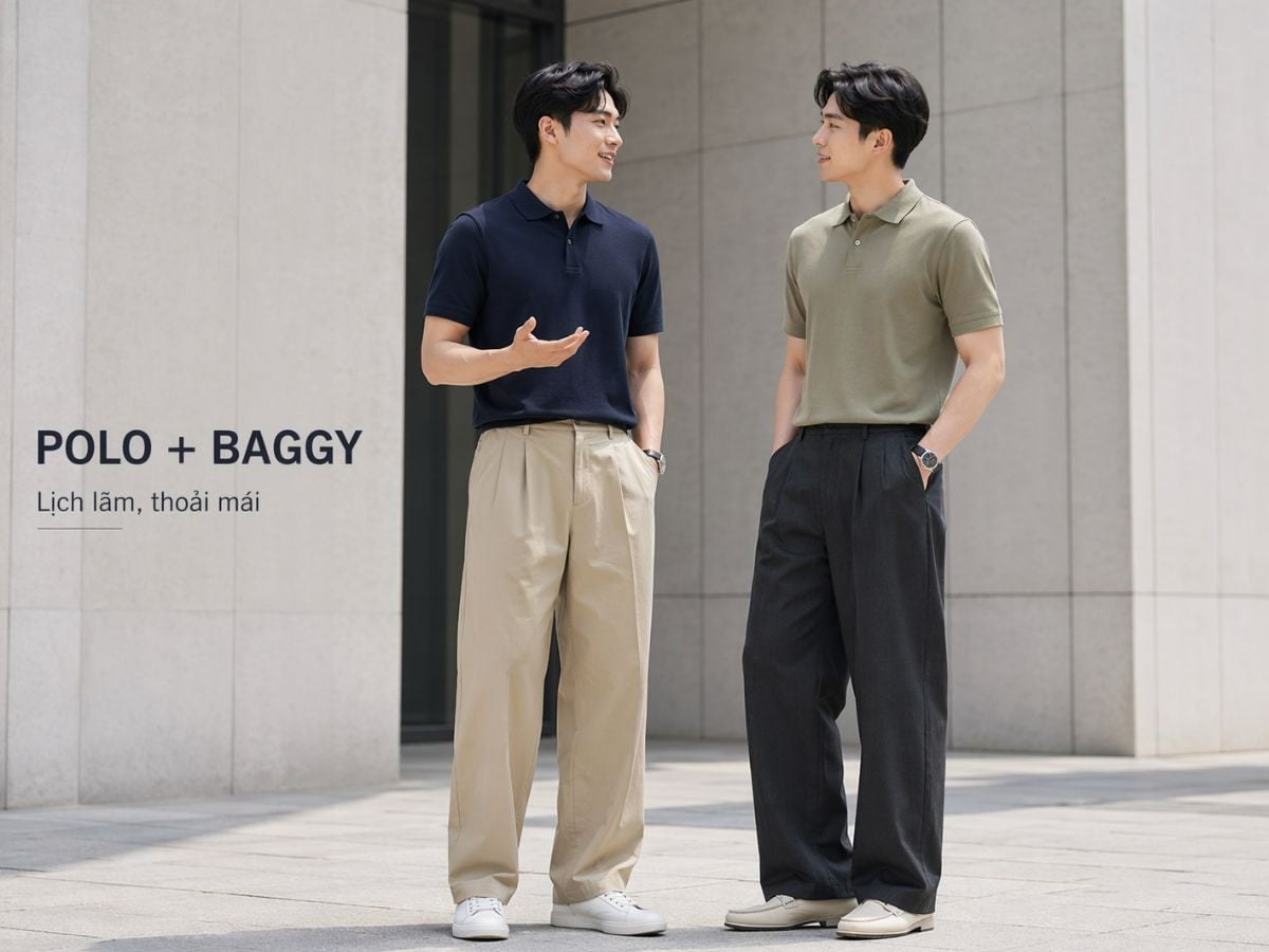 Quần baggy nam phối với polo lịch lãm