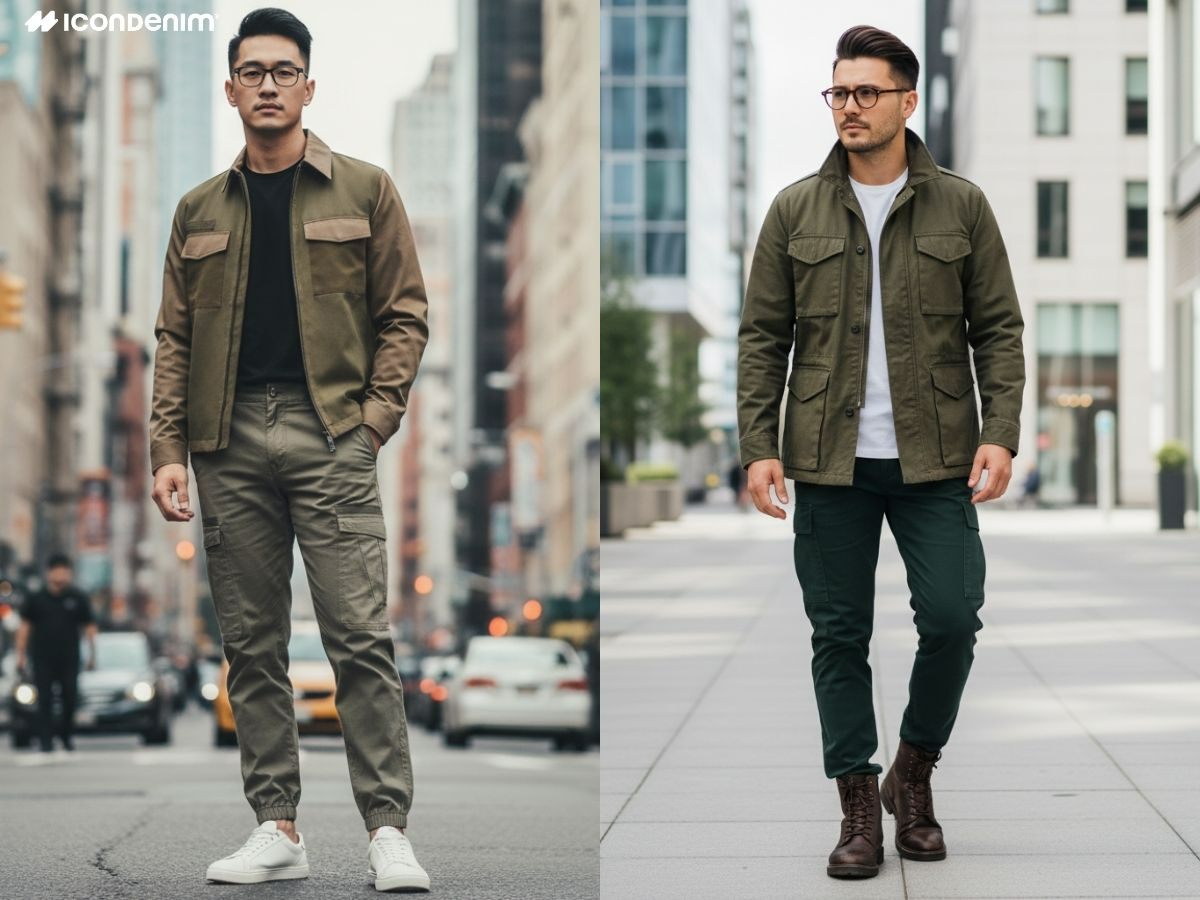 Phối đồ phong cách quân đội quần cargo và áo khoác Jacket M65