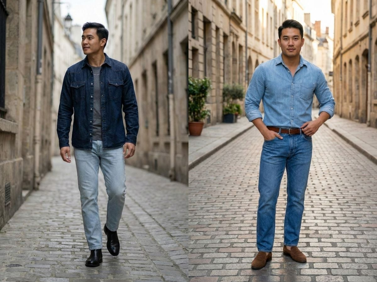Jeans ống đứng với áo sơ mi denim