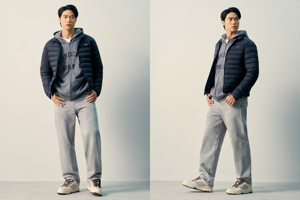 Quần jean với áo hoodie và áo khoác puffer