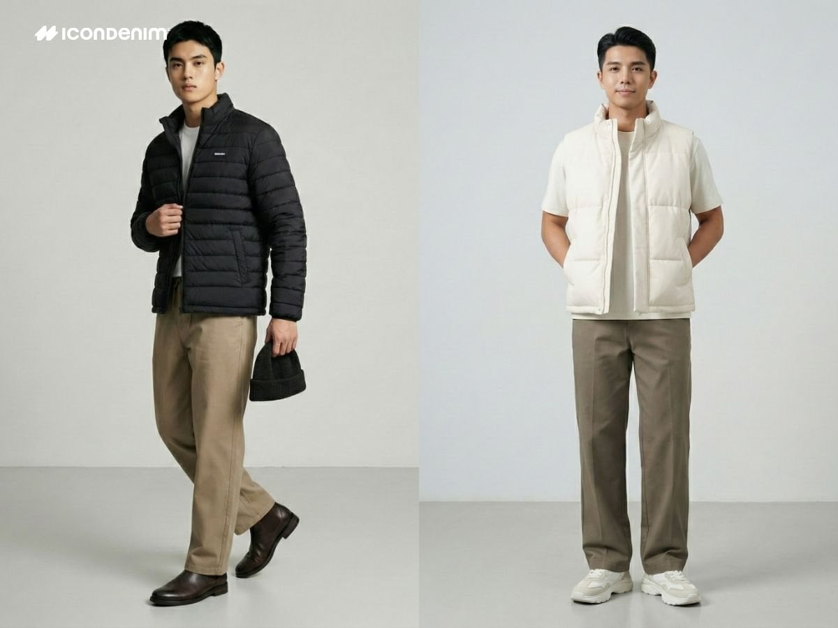 Quần kaki ống rộng phối áo khoác phao