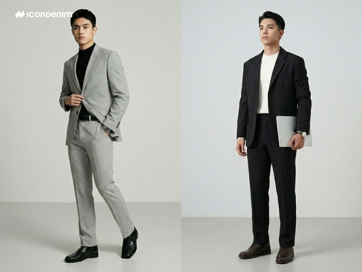 Quần ống rộng phối áo blazer