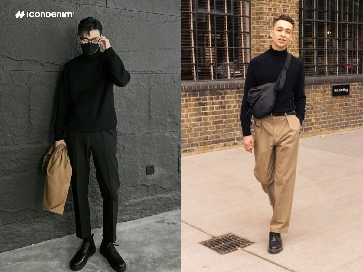 Quần ống rộng phối áo len cổ lọ