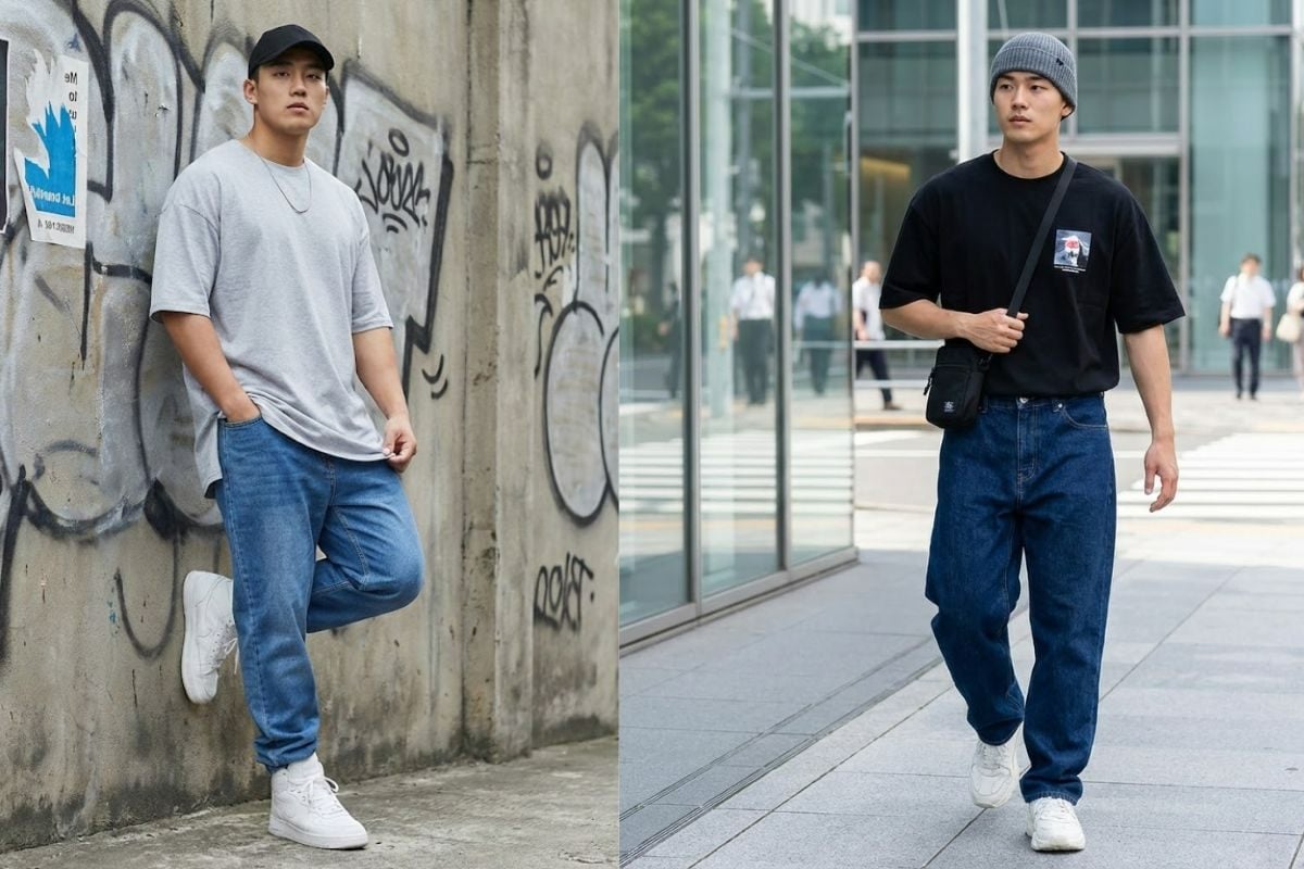 Phong cách basic với áo thun trơn và quần jean ống suông