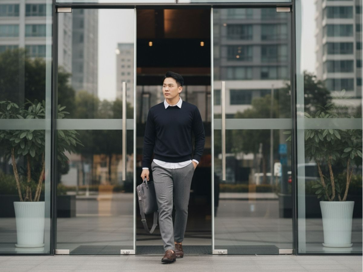 Nam công sở mặc sweater navy layer sơ mi trắng, phối quần tây xám và giày loafer